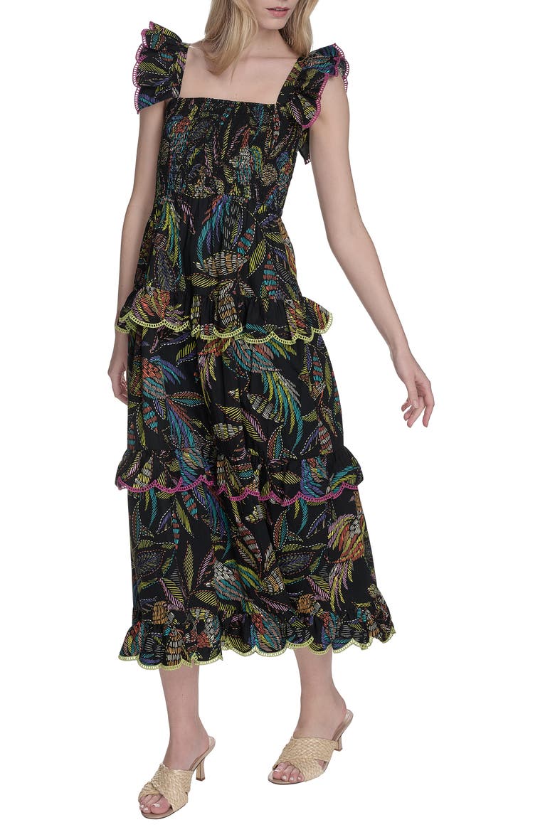 Floral Ruffle Sleeve Cotton Midi SSundress, Alternate, color, BLACK MULTI