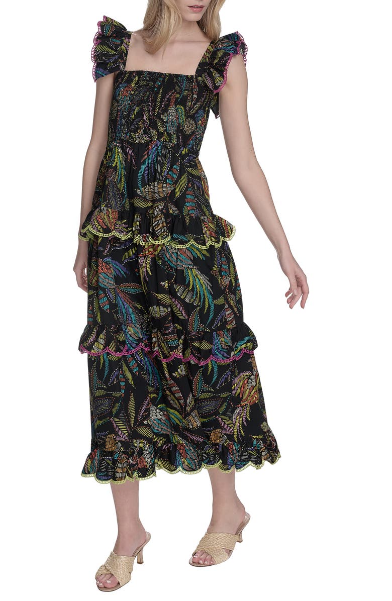 Vince Camuto Floral Ruffle Sleeve Cotton Midi SSundress, Alternate, color, Black Multi