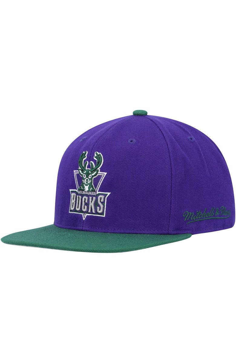 Mitchell & Ness Men's Mitchell & Ness Purple/Hunter Green Milwaukee Bucks Hardwood Classics 40th Anniversary Team Side Fitted Hat, Alternate, color, 