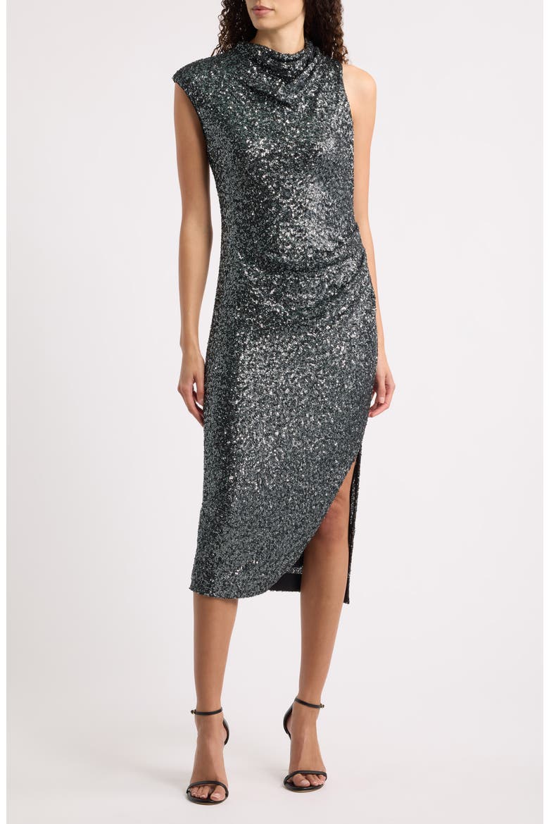 Enany Cowl Neck Sequin Midi Dress, Main, color, SILVER DARK GREY METALLIC
