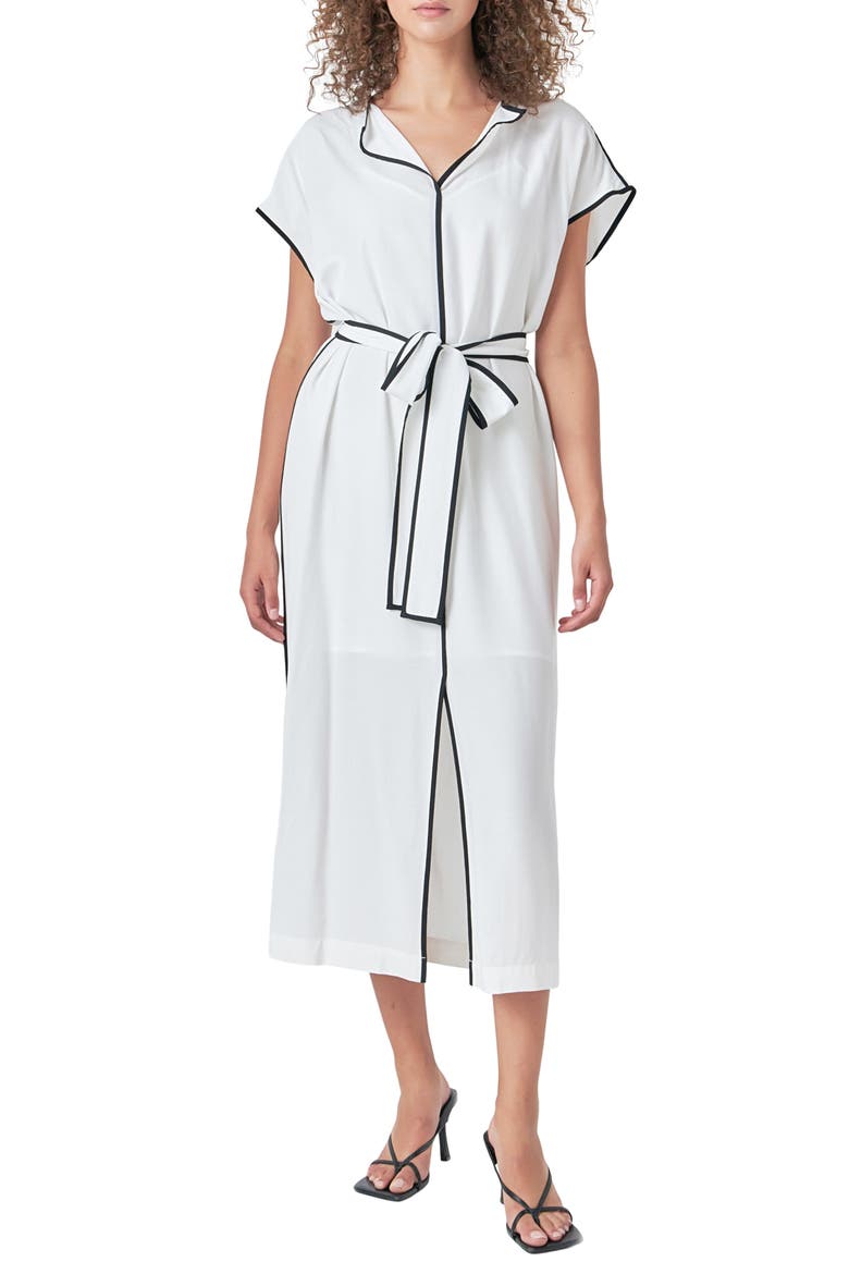 Contrast Binding Tie Belt Midi Dress, Alternate, color, WHITE/ BLACK