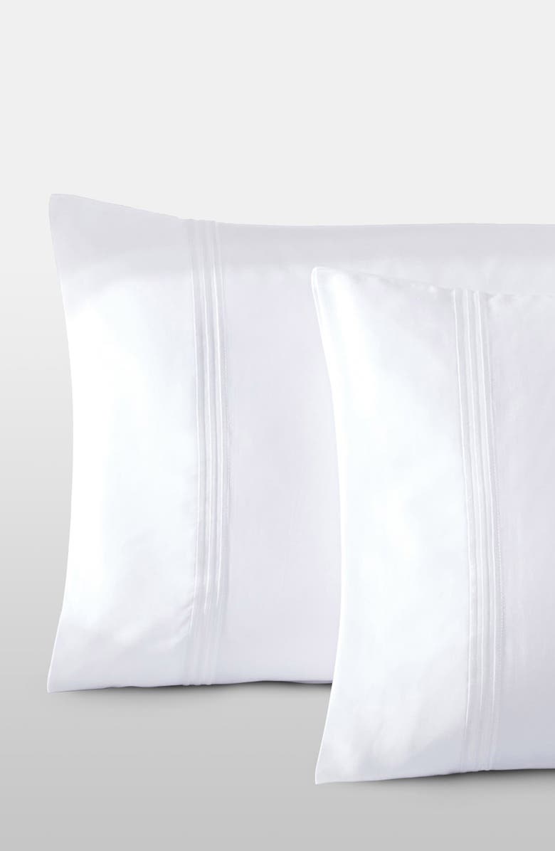Pure Parima Egyptian Cotton Sateen Bratta Embroidery Triple Luxe Sateen Pillowcase Set, Main, color, Arctic