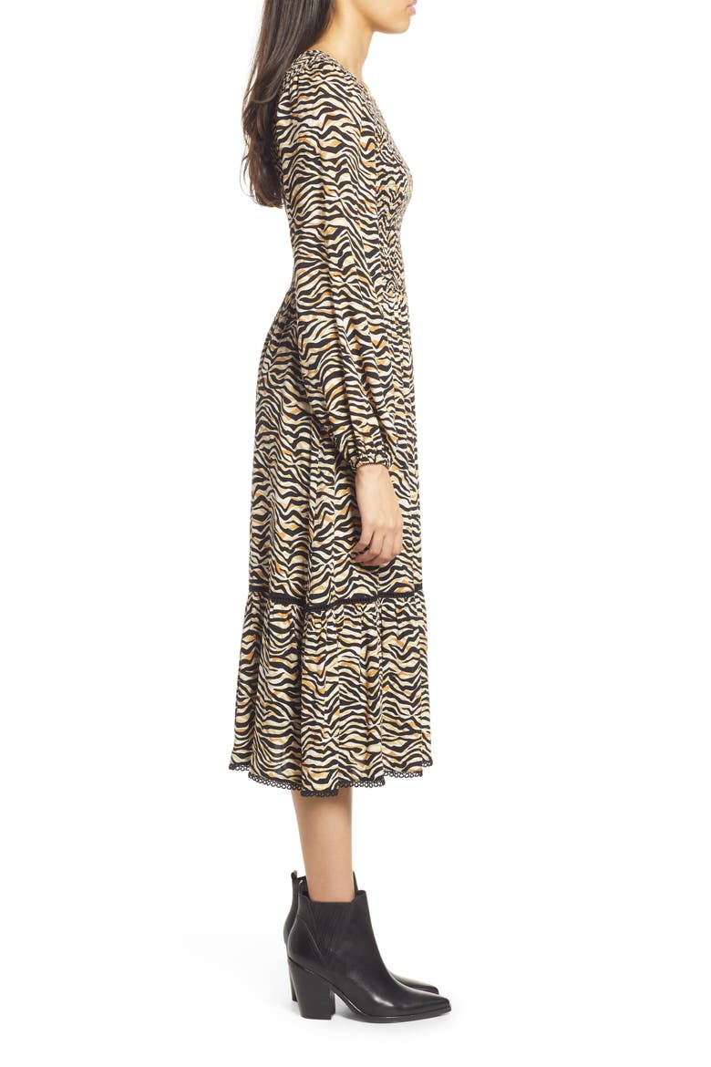 Vineyards in the Valley Zebra Print Shirred Long Sleeve Midi Dress, Alternate, color, BLACK GOLD ZEBRA