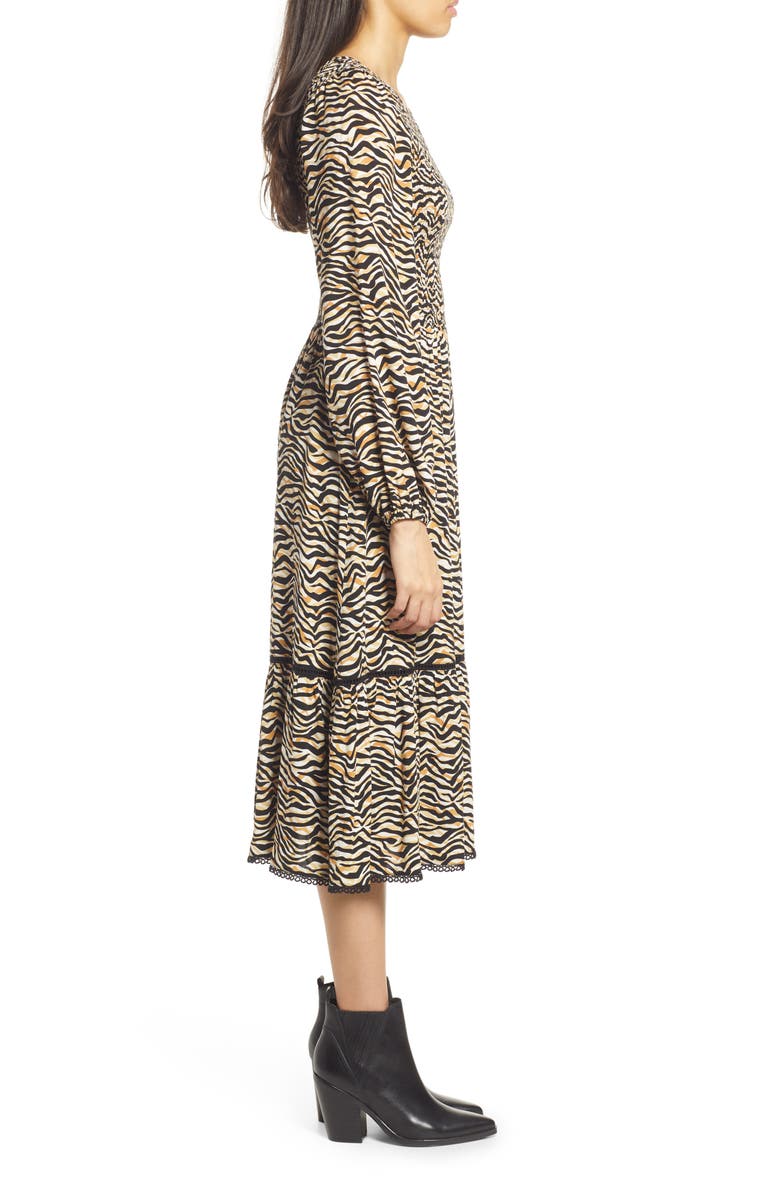 Lost + Wander Vineyards in the Valley Zebra Print Shirred Long Sleeve Midi Dress, Alternate, color, 
