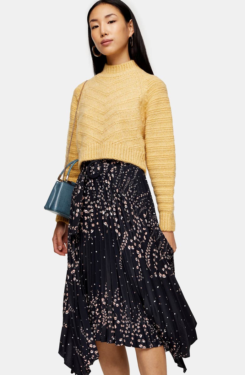 Topshop Floral Belted Pleated Midi Skirt, Alternate, color, 