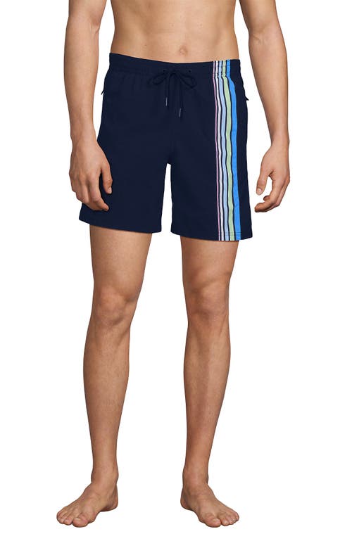 Lands' End 7 Inch Volley Hydroliner Swim Trunks In Deep Sea Navy Multi Stripes