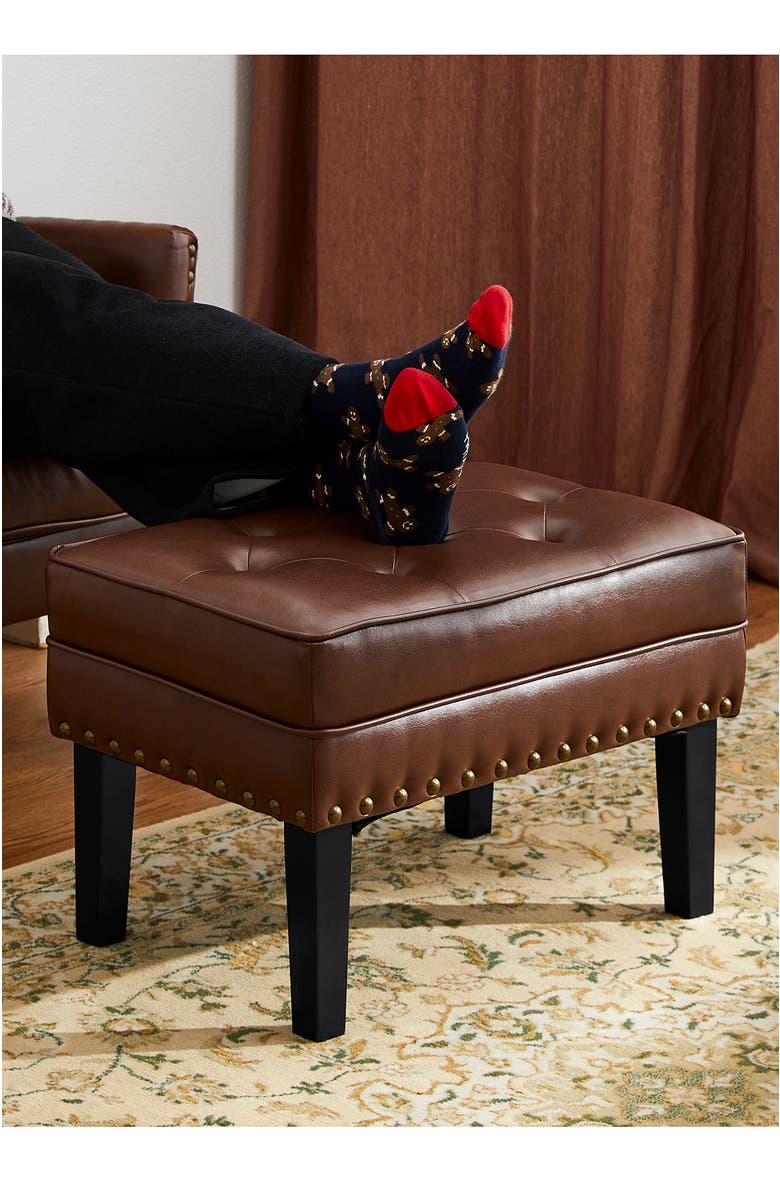 Glitzhome Mid-century Modern Faux Leather Button-tufted Accent Stool, Alternate, color, Coffee