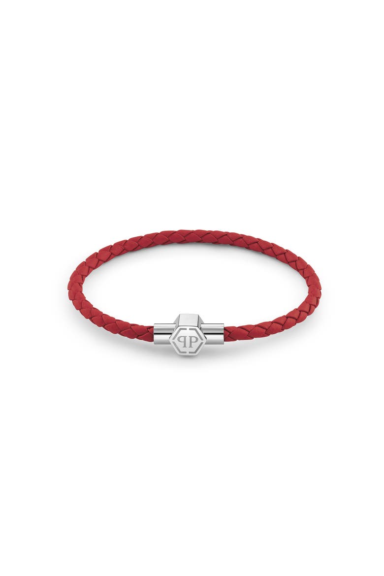 Leather Stainless Steel Bracelet Plein Tag Men, Main, color, red/silver