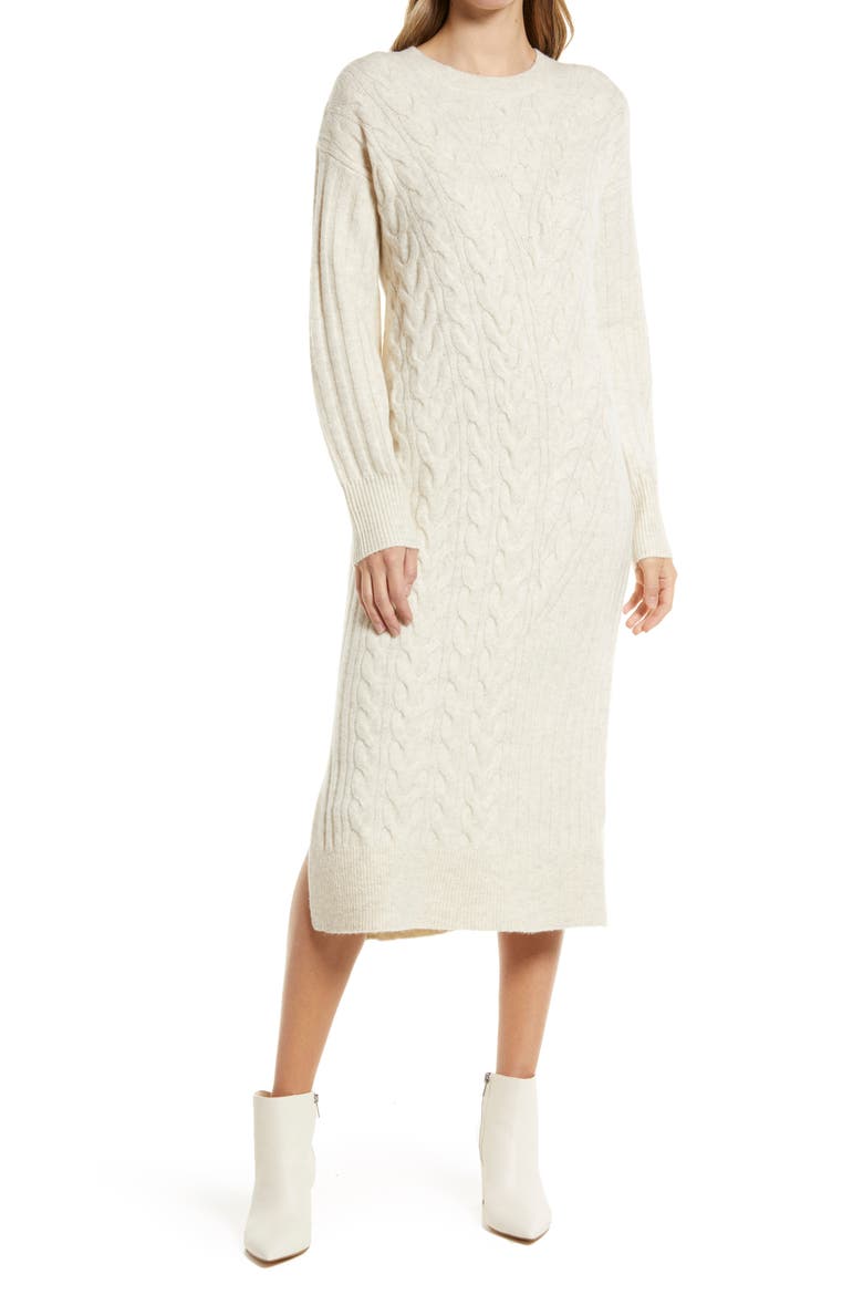 Holiday Long Sleeve Cable Sweater Dress, Main, color, BEIGE OATMEAL LIGHT HEATHER