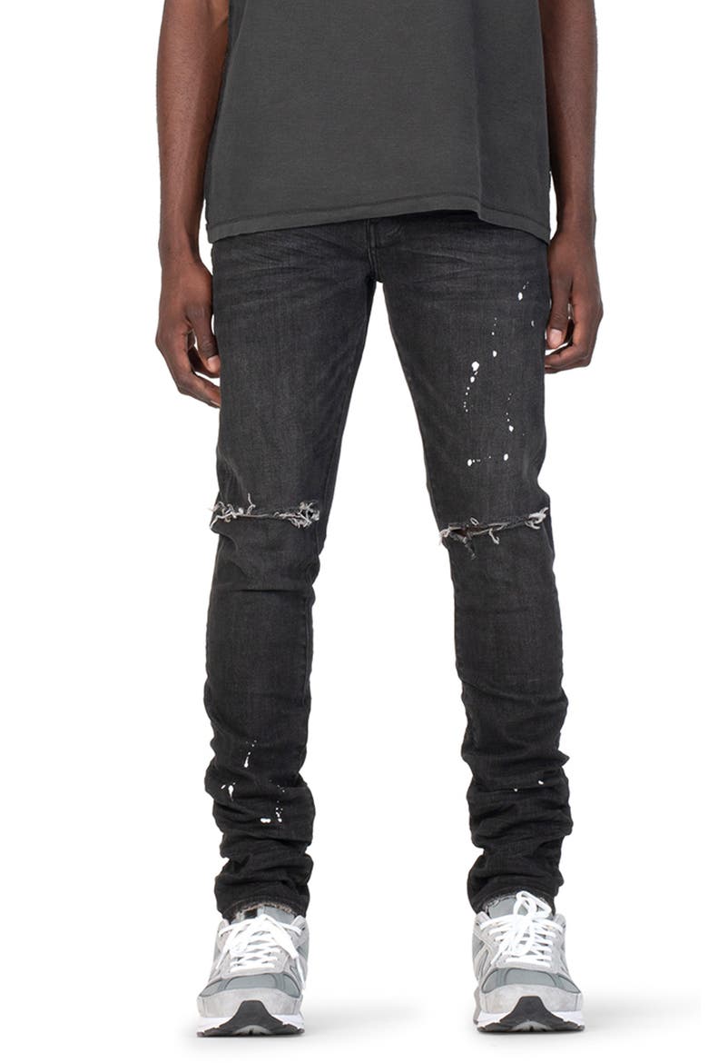 PURPLE Ripped White Paint Skinny Jeans, Main, color, BLACK OVER SPRAY