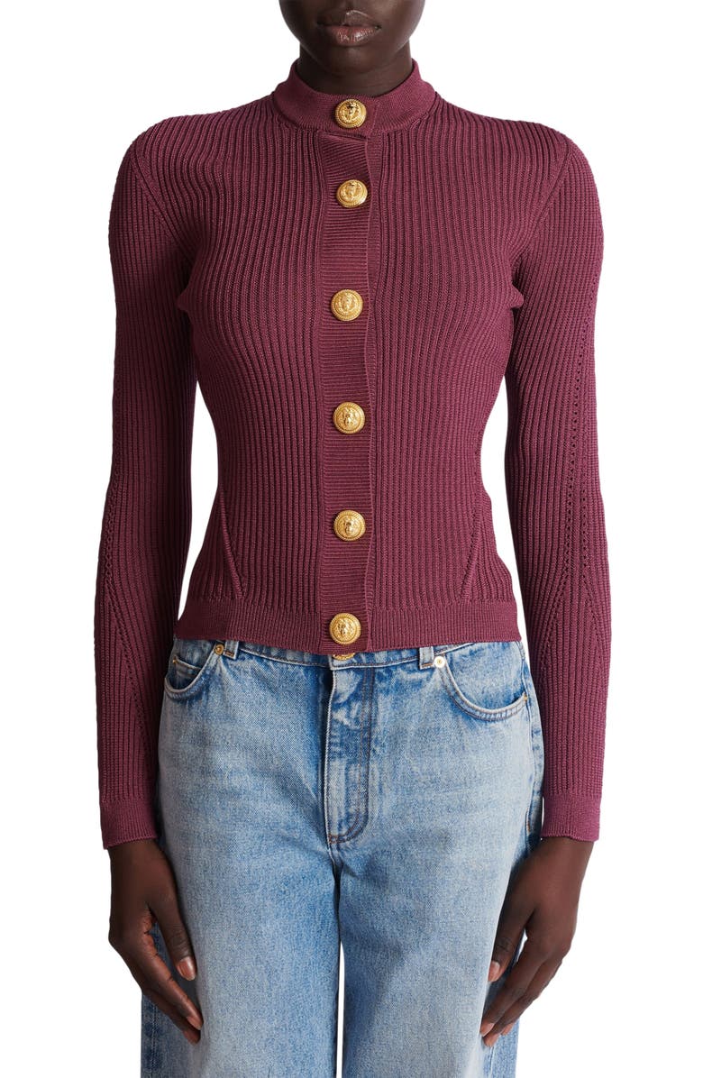 Balmain Fine Knit Cardigan With Buttons, Alternate, color, Purple