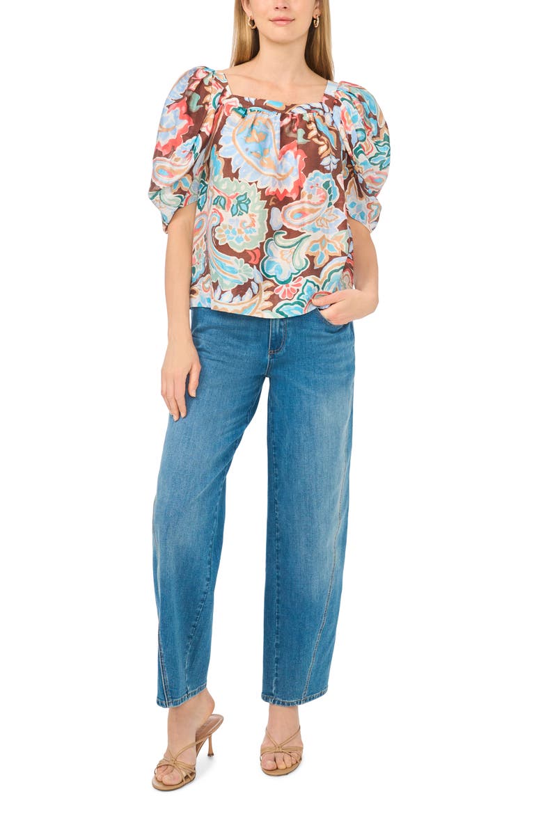 Puff Sleeve Printed Top, Alternate, color, COCOA