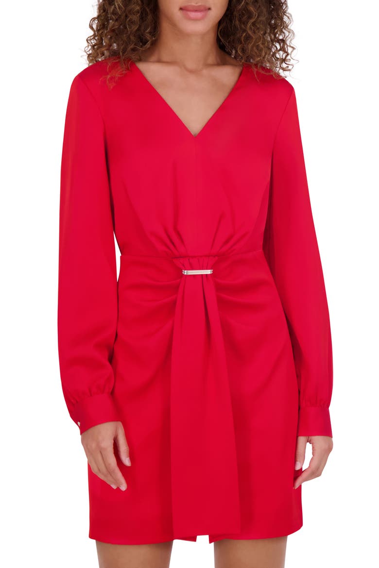 Matte Sequined V-Neck Long Sleeve Minidress, Alternate, color, RED