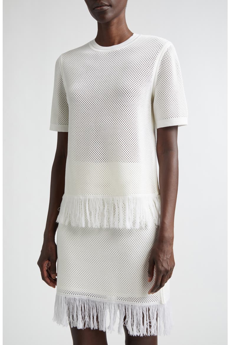Open Knit Fringe Short Sleeve Virgin Wool Sweater, Alternate, color, WHITE