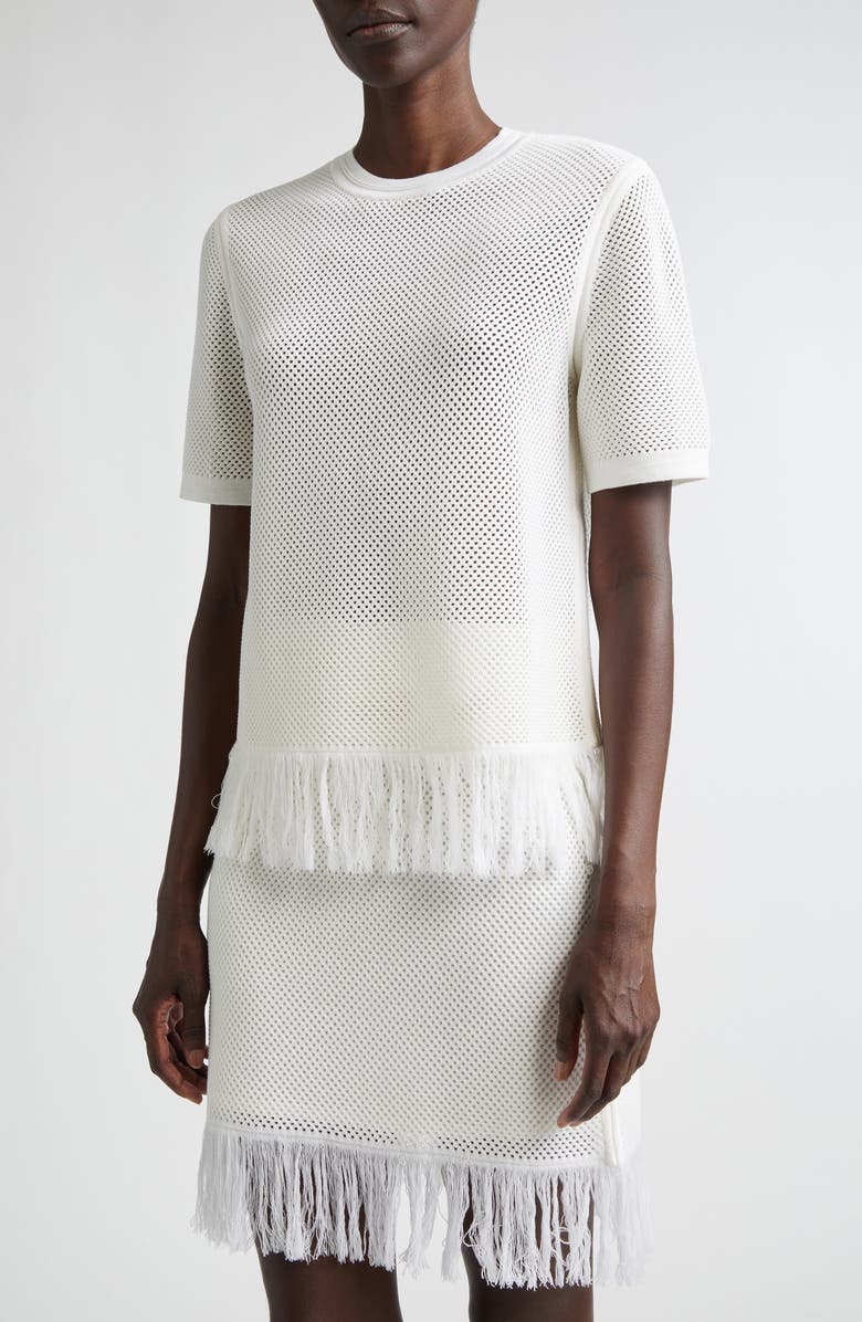 FERRAGAMO Open Knit Fringe Short Sleeve Virgin Wool Sweater, Alternate, color, White