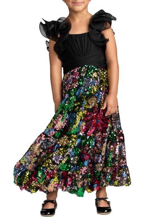 Girls Sequin Floral Maxi Dress with Ruffle Sleeves