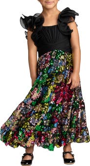 Mac Duggal Girls Sequin Floral Maxi Dress with Ruffle Sleeves