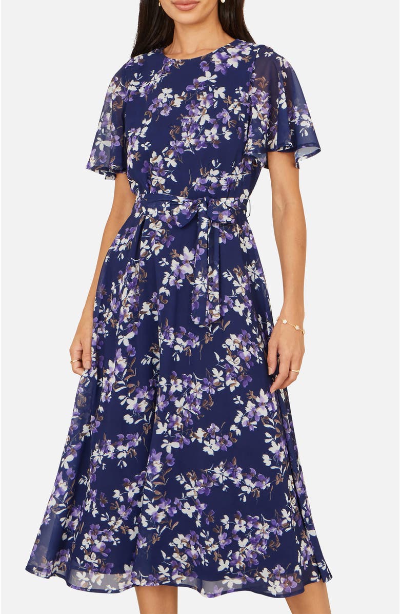 Yumi Blossom Print Midi Skater Dress, Alternate, color, Navy