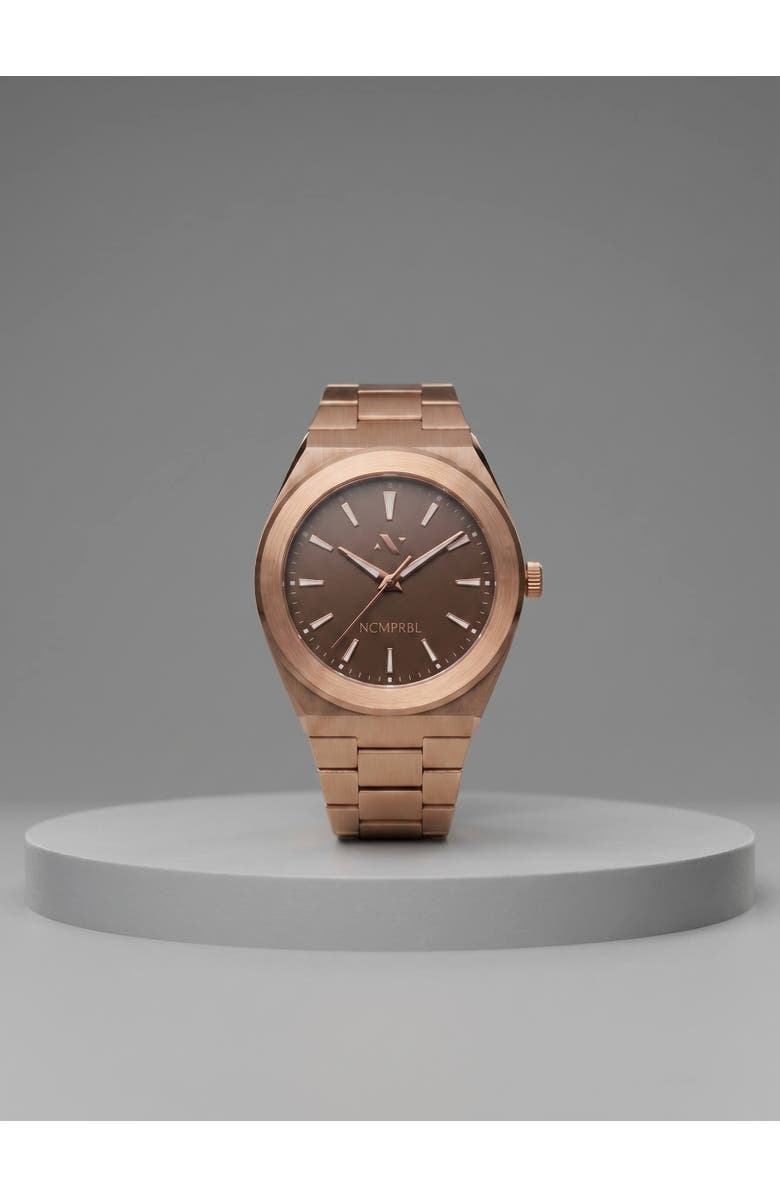 NCMPRBL Elevate Link Mocha Swiss Quartz Bracelet Watch, 42MM, Main, color, Muted Rose Gold/Mocha