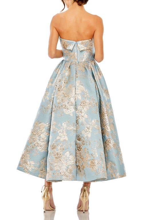 Mac Duggal Strapless Brocade Midi Dress With Pockets In Blue Multi