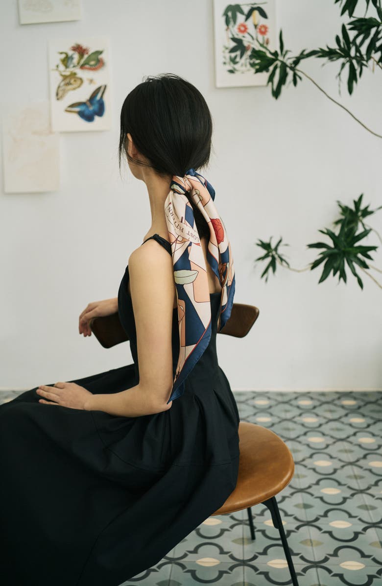 Lost Pattern Camellia Silk Square Bandana, Alternate, color, Navy