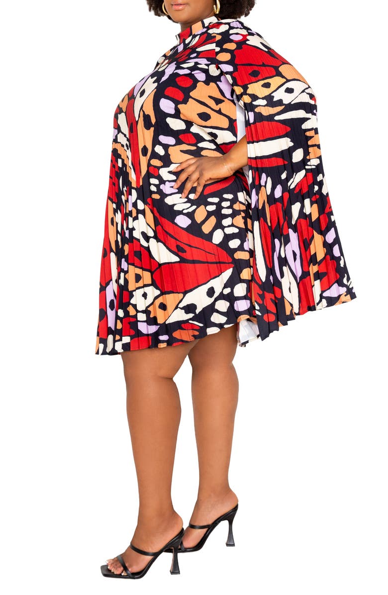 BUXOM COUTURE Butterfly Print Pleated Cape Minidress, Alternate, color,