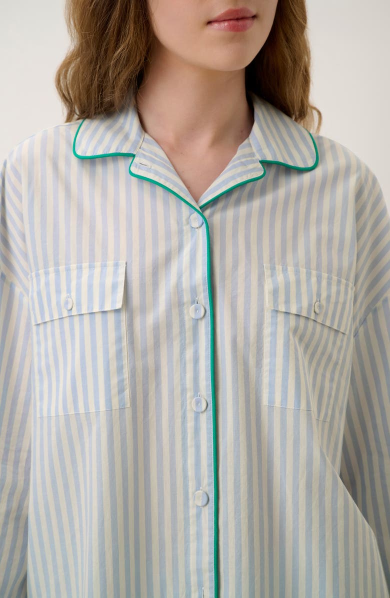 Lunya Piped Airy Cotton Button-Up Pajama Shirt, Alternate, color, Stillwater Stripe/Spg Clvr