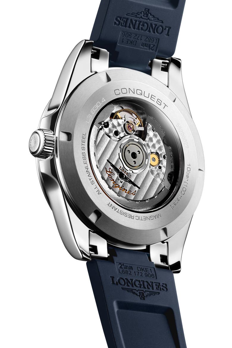 Conquest Blue Automatic Rubber Strap Watch, 41mm, Alternate, color, BLUE
