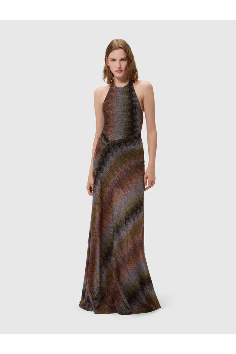 Long Dress With Halterneck In Viscose Lamé Snake Motif, Alternate, color, Multicoloured