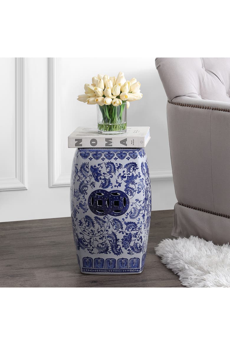 Floral Vine Traditional Floral Chinoiserie Ceramic Drum Garden Stool, Pierced Indoor/Outdoor Patio Seat & Side Table, Alternate, color, Blue/White