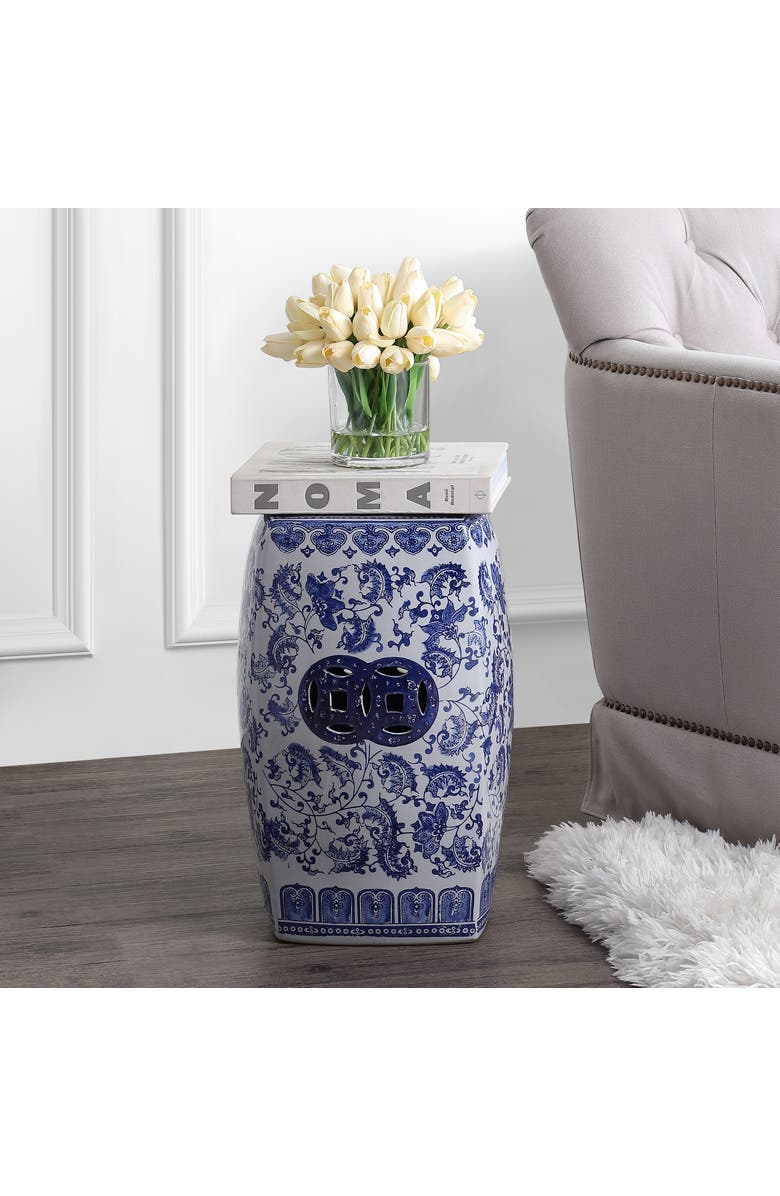 JONATHAN Y Floral Vine 18.5" Chinoiserie Ceramice Square Garden Stool, Alternate, color, Blue/White