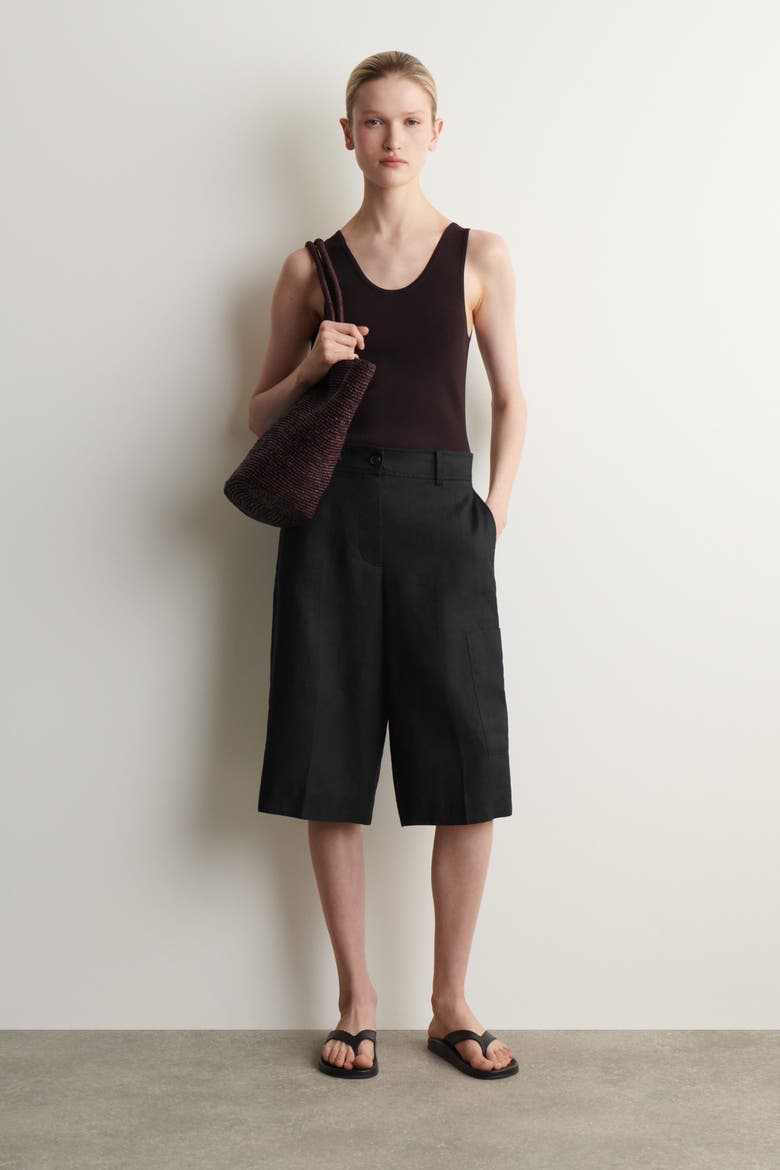 Linen Utility Bermuda Shorts, Main, color, BLACK
