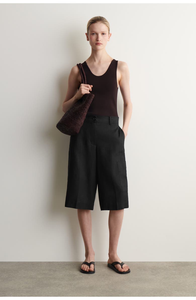 COS Linen Utility Bermuda Shorts, Main, color, Black