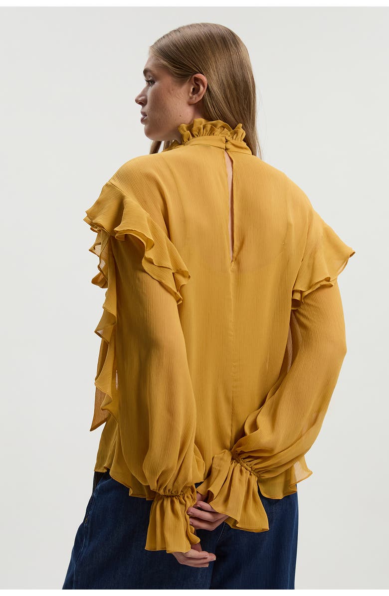 Karen Millen Georgette Ruffle Woven Pussybow Blouse, Alternate, color, Ochre