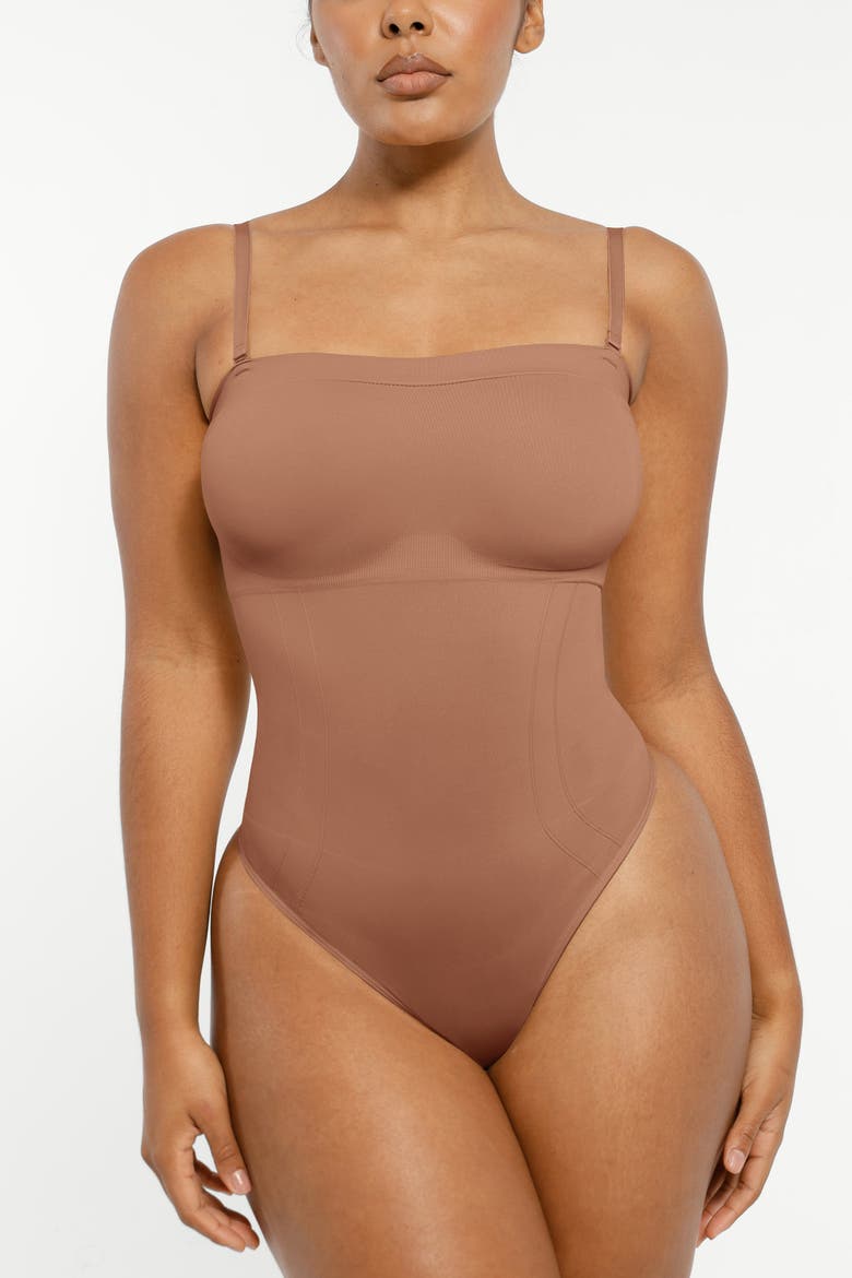 Skin Flow Strapless Sculpt Thong Bodysuit, Alternate, color, Bronze