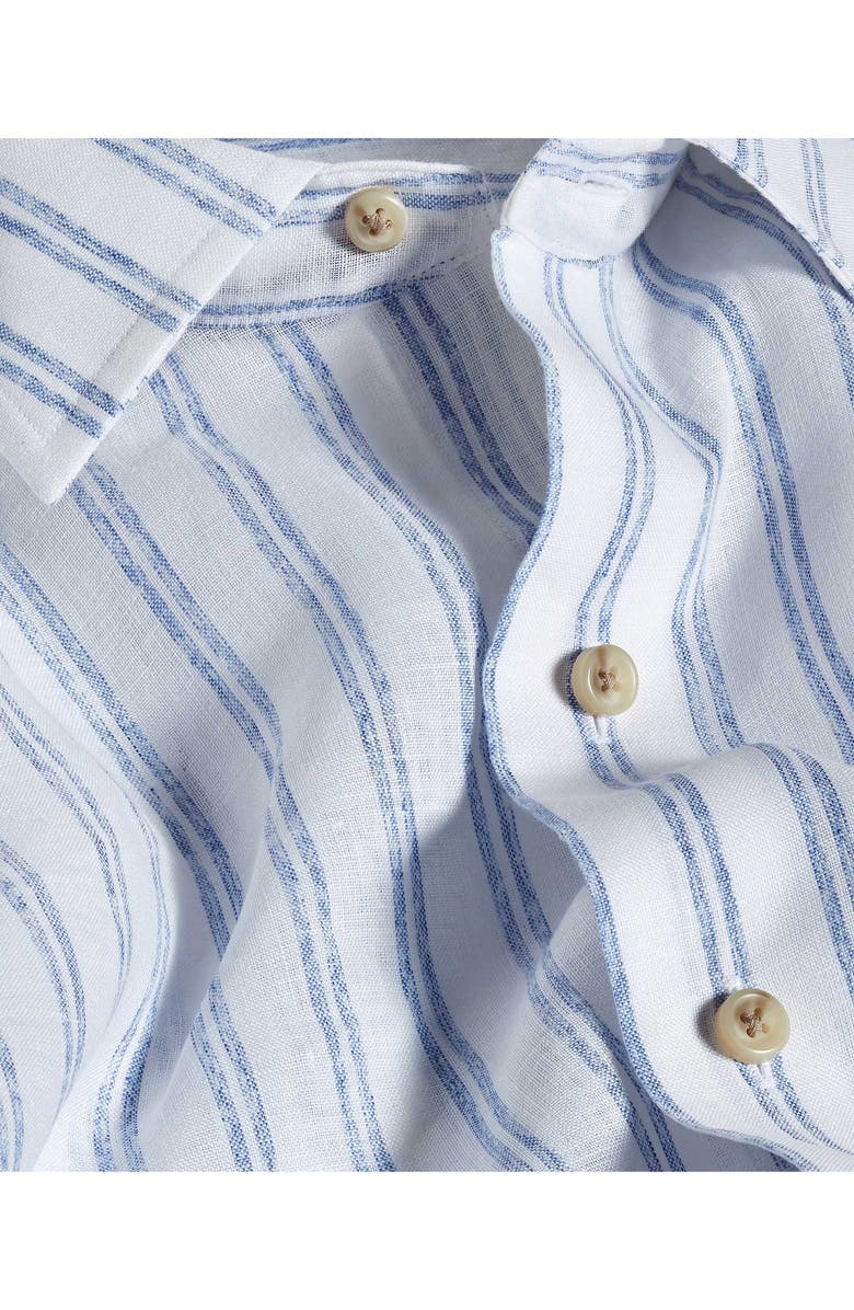 David Donahue Stripe Short Sleeve Slub Linen Button-Up Shirt, Alternate, color, White/ Blue