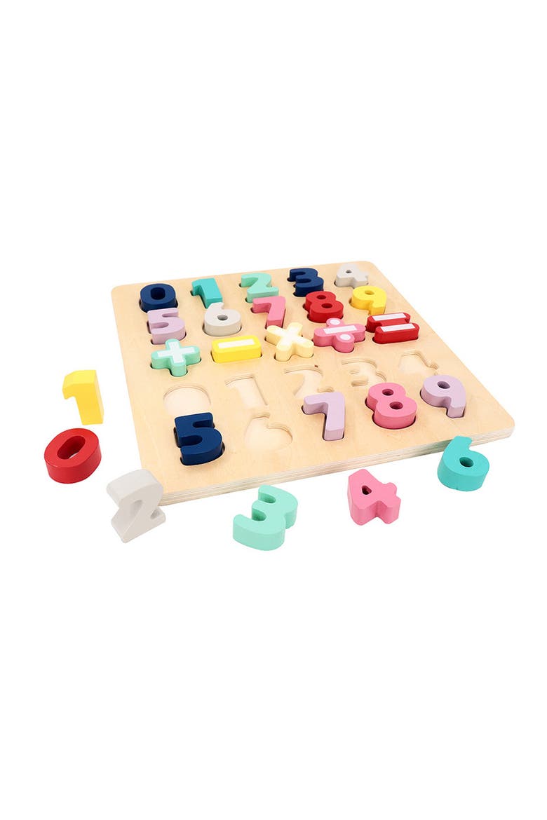Wooden Chunky Number Math Puzzle, Numbers 0-9, Addition, Subtraction, Multiplication, Division, Equal Sign Included, Alternate, color, Beige