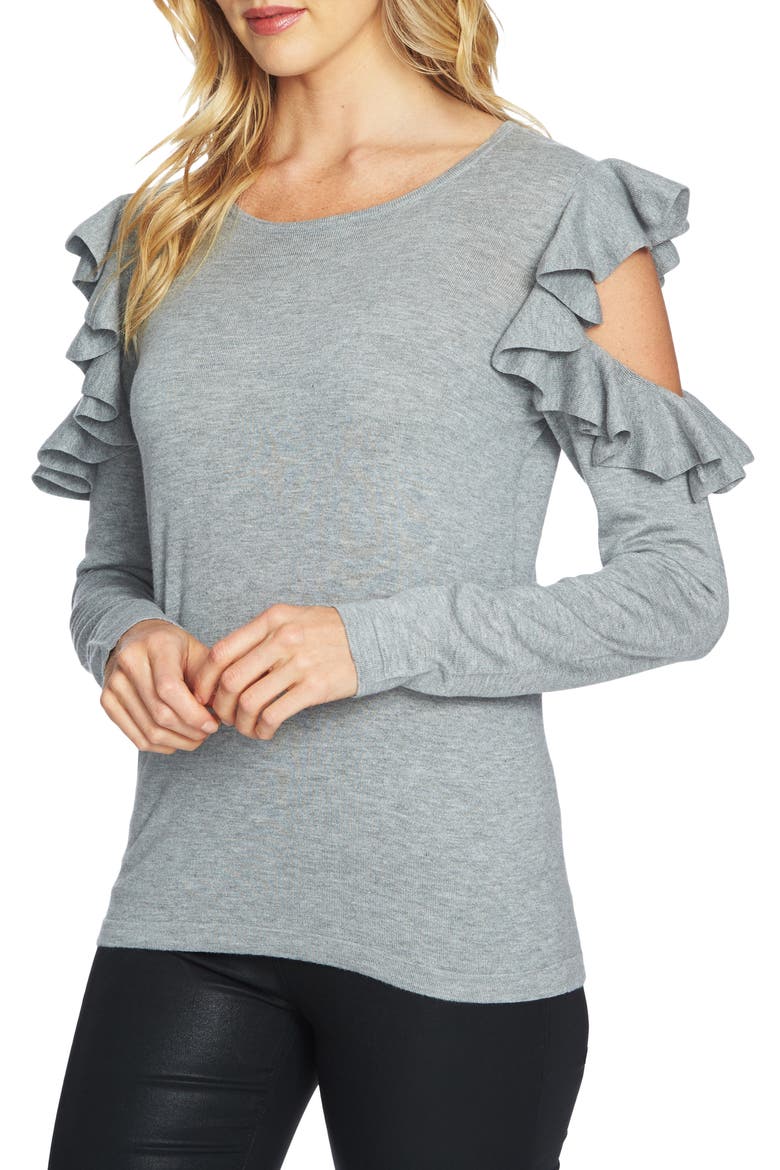 Ruffled Cold Shoulder Sweater, Main, color, LIGHT HEATHER GREY