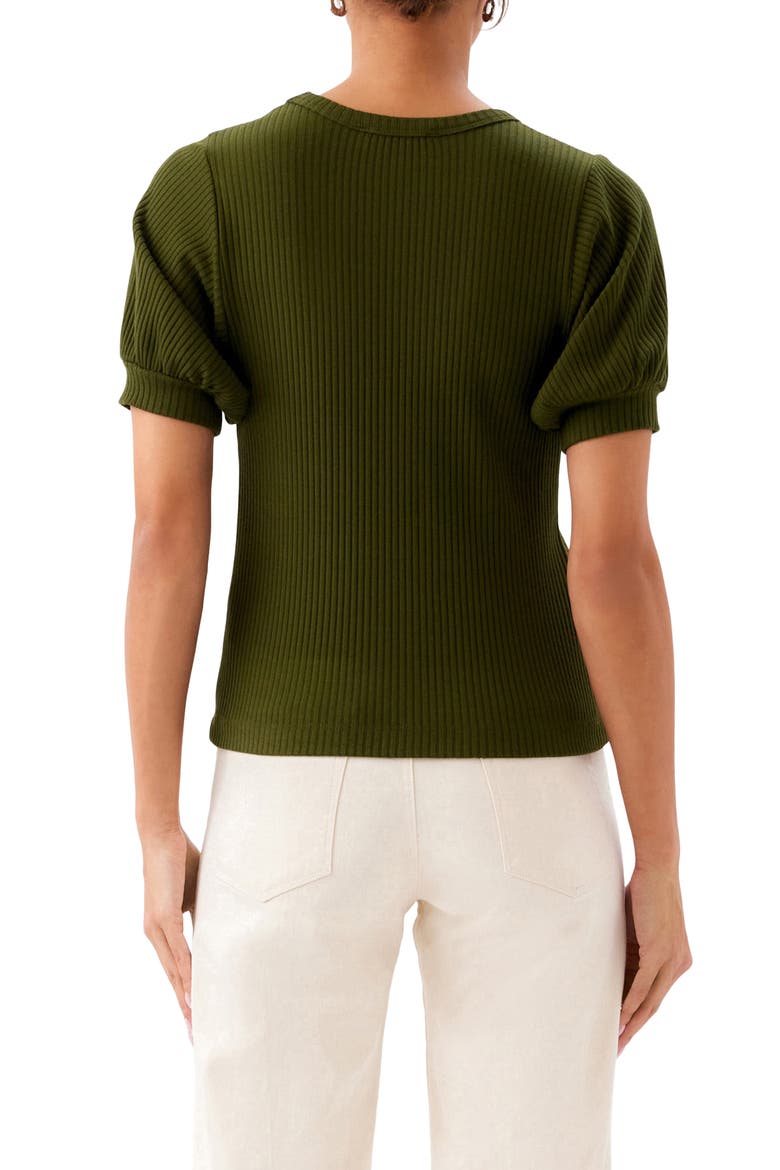 Puff Sleeve Rib V-Neck Top, Alternate, color, OLIVE