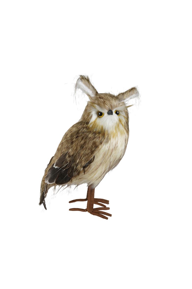 Feather Owl Figurine in White and Brown Polyester, Main, color, White and Brown