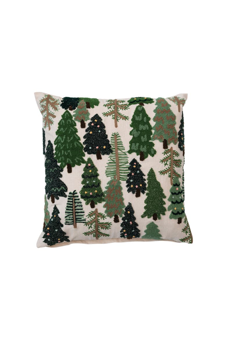 Square Cotton Slub Embroidered Pillow with Trees and French Knots, Main, color, Multi
