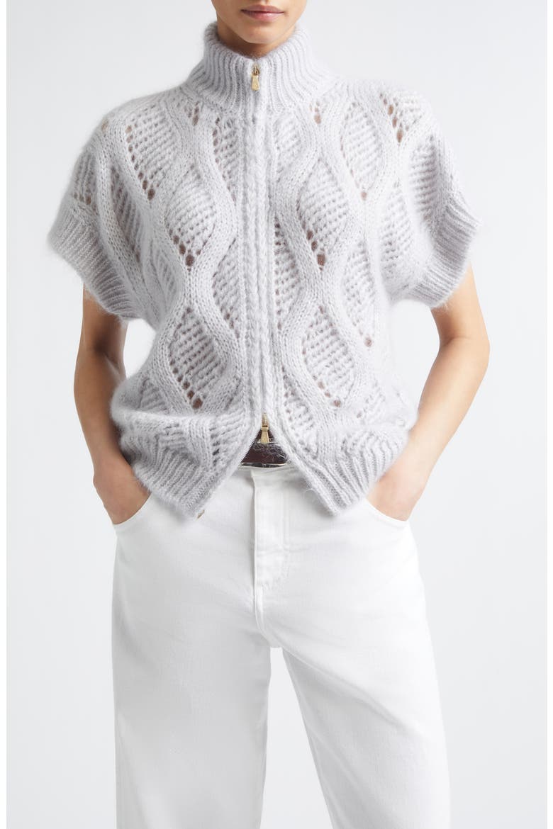 Open Stitch Short Sleeve Mohair & Silk Zip Cardigan, Main, color, JADE POWDER