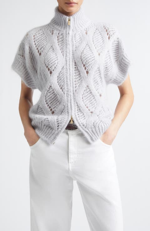 Open Stitch Short Sleeve Mohair & Silk Zip Cardigan