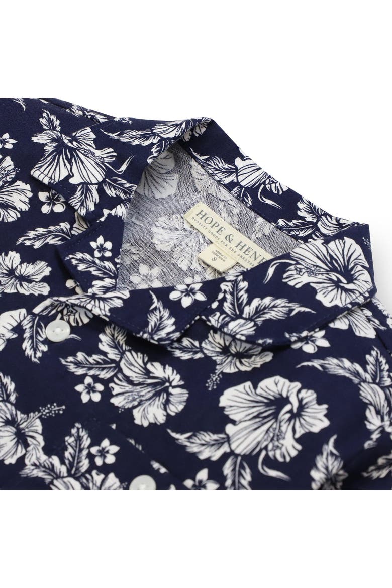 Short Sleeve Button Down Camp Shirt, Alternate, color, Navy Hibiscus Linen