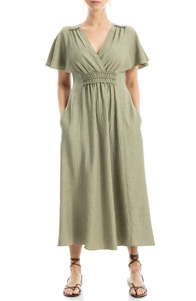 MAX STUDIO Surplice Neck Flutter Sleeve Midi Dress, Main, color, Grey/ Sage