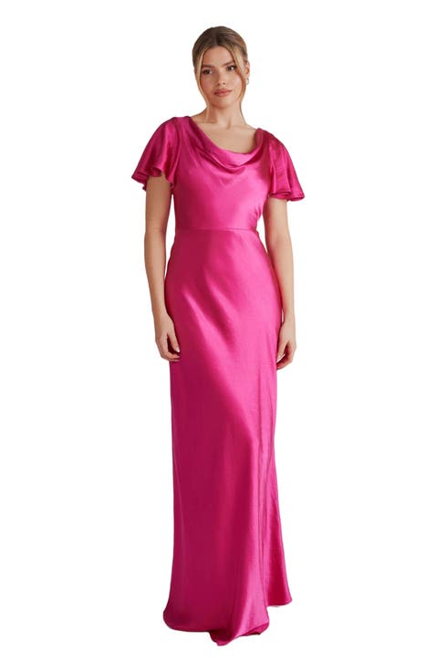 Flutter Sleeve Satin Bridesmaid Dress