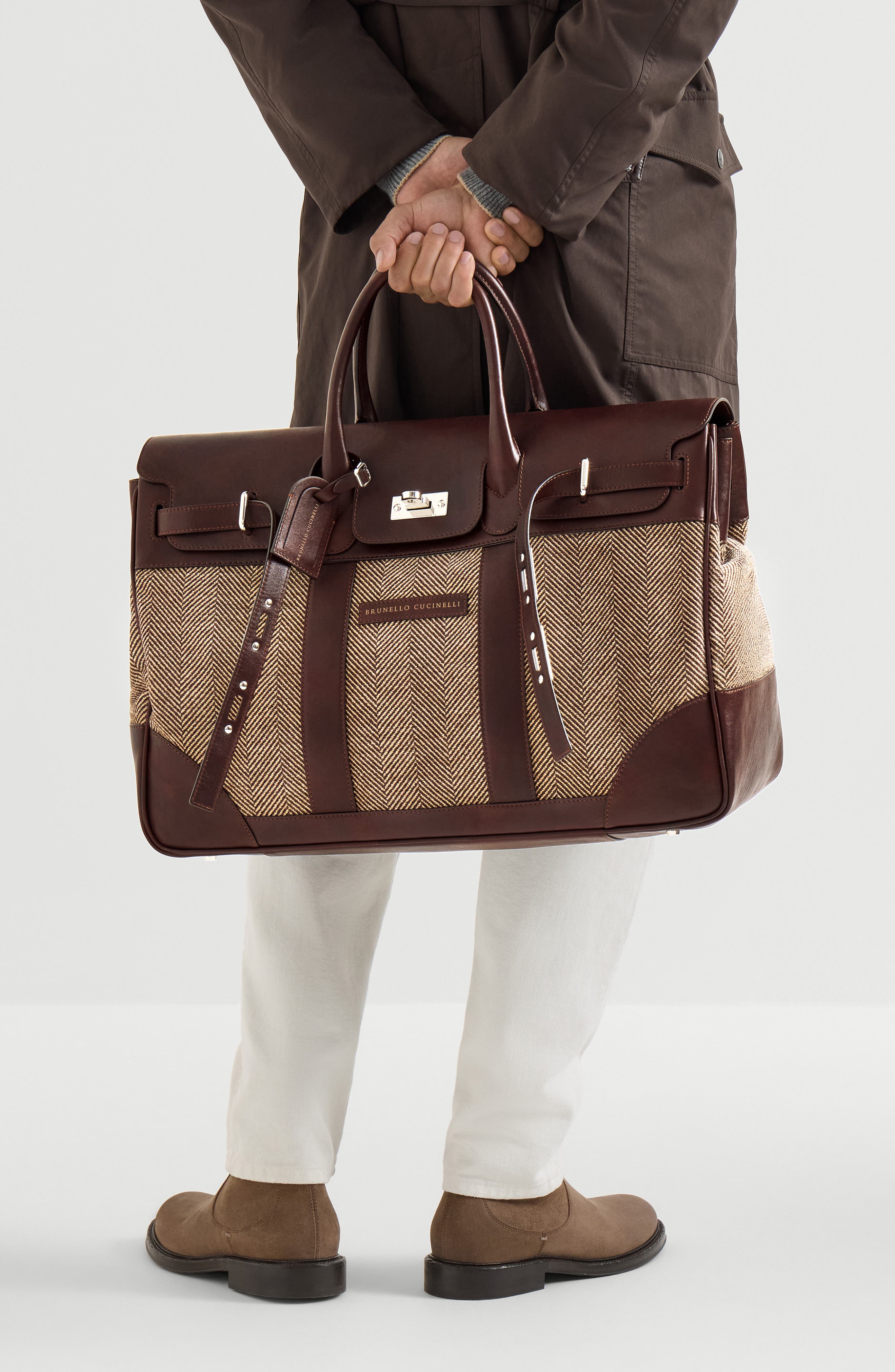 Brunello Cucinelli Burnished calfskin and chevron-effect techno fabric country bag, Alternate, color, Brown