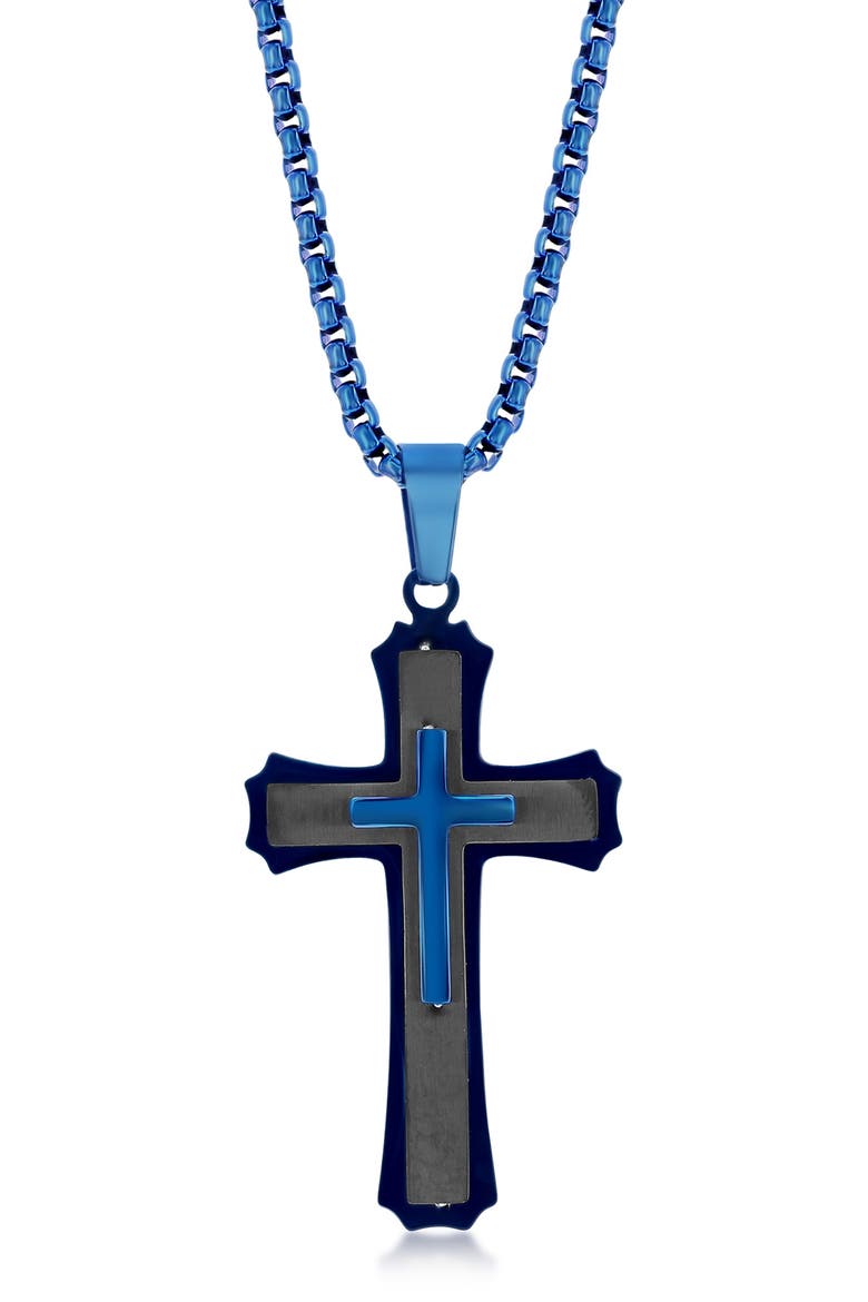 Men's Two-Tone Stainless Steel Cross Pendant Necklace, Main, color, BLACK/ BLUE