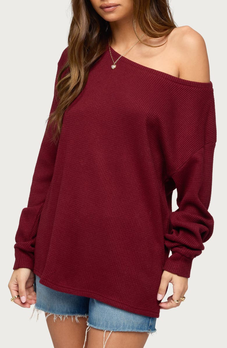 EDIKTED Damari Waffle Stitch One-Shoulder Knit Top, Alternate, color, Burgundy