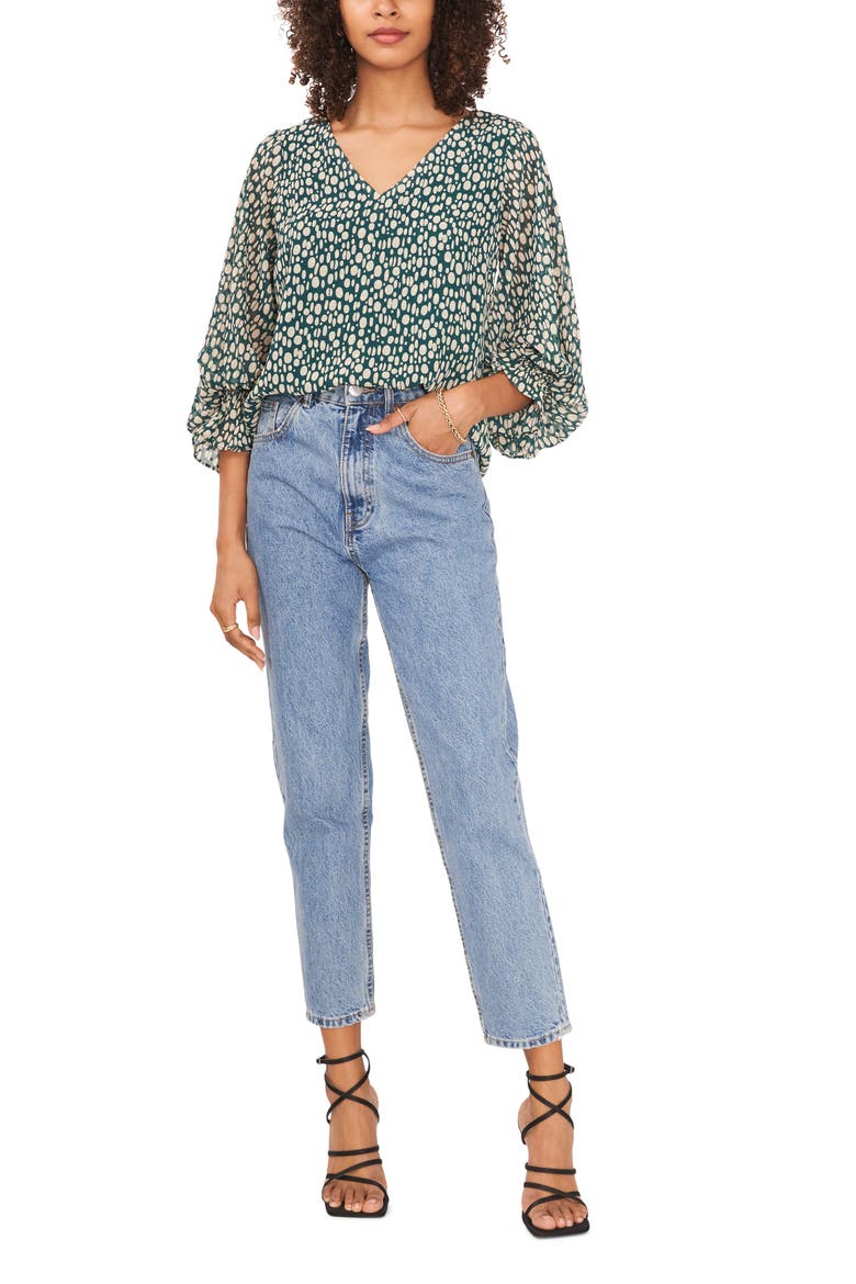 Bubble Sleeve Dot Print Blouse, Alternate, color, RICH SPRUCE